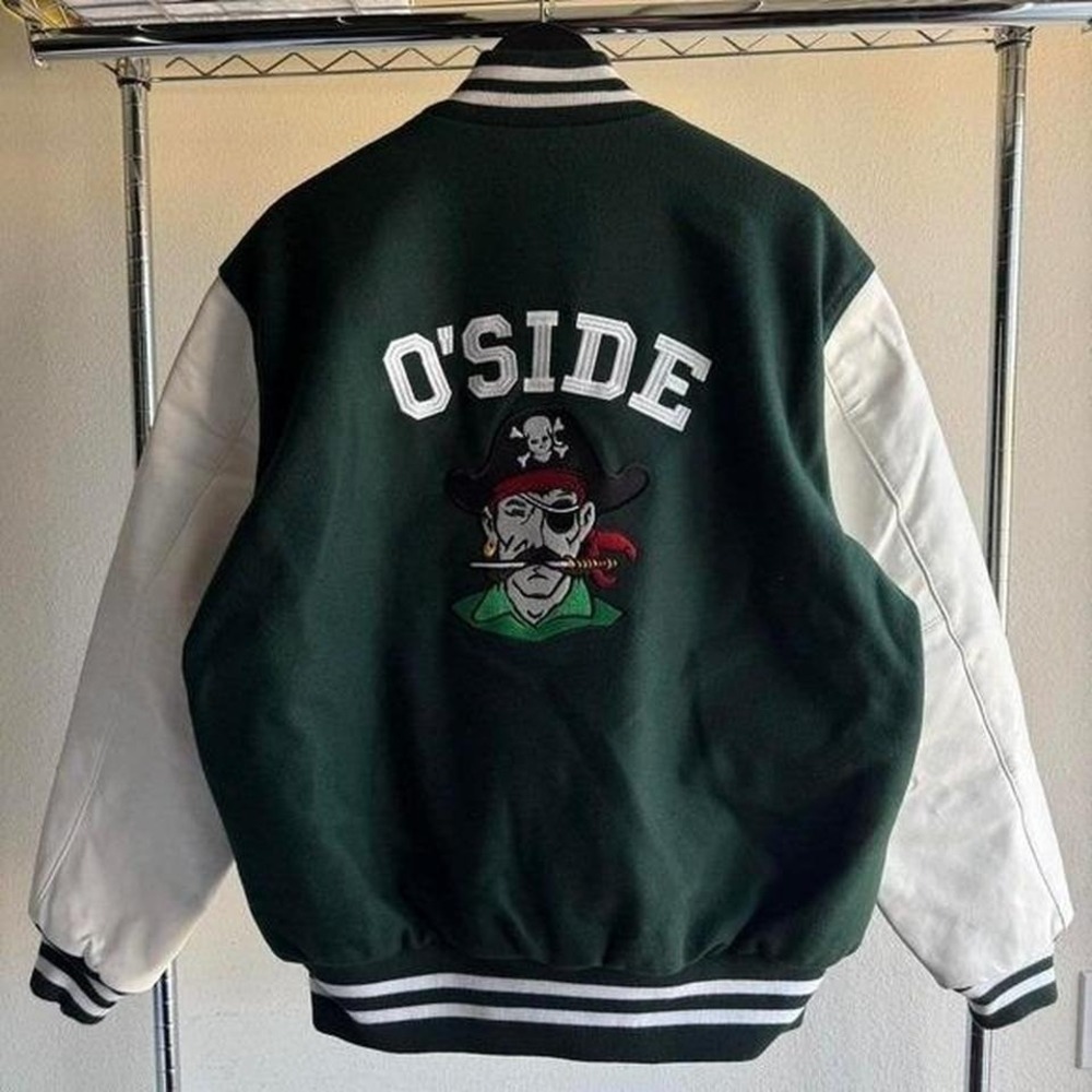 Vintage 2000s Y2K Green and White Varsity Leather Bomber Jacket with Embroidery